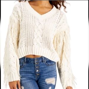 No Comment NY LA Chenille Knit Fringe V-neck Crop Sweater Size Large Cream Beach